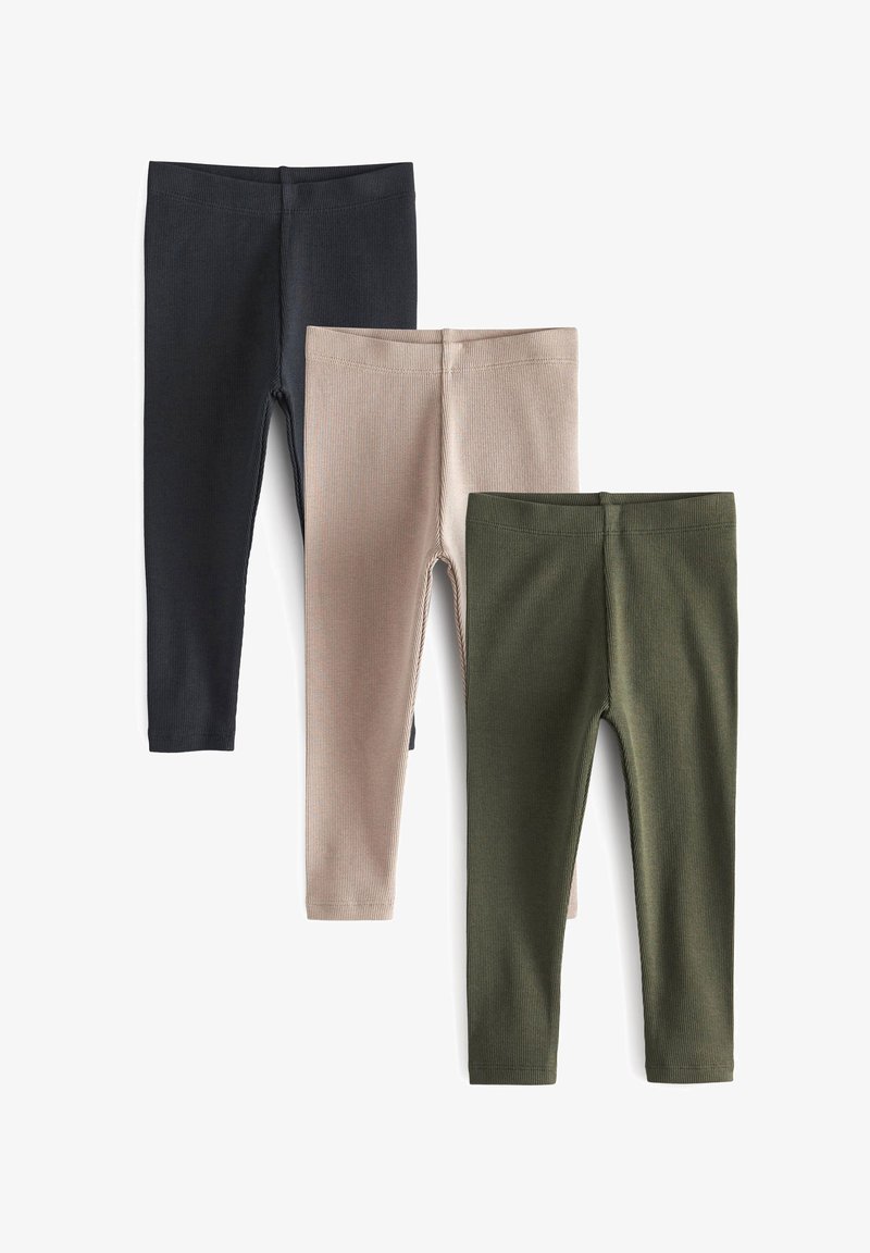 Tre paia di leggings: blu scuro, rosa chiaro e verde oliva. Tutti presentano una texture a costine e una vestibilità aderente, con una cintura liscia.