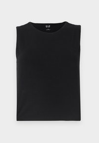 Black sleeveless top made of cotton, featuring a round neckline and a relaxed fit. Simple design with no visible patterns or accents.