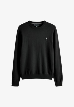 Zwarte sweatshirt van zacht materiaal, met een geribbelde ronde hals, lange mouwen en een klein, wit decoratief logo op de borst.