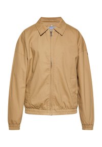 Hellbraune Bomberjacke mit Reißverschluss vorne, kragenlosem Ausschnitt, elastischen Bündchen und Saum sowie zwei Seitentaschen. Gefertigt aus glattem, strapazierfähigem Stoff.
