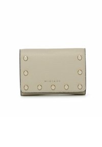 Portafoglio in pelle beige con accentuazioni circolari in metallo dorato e marchio in rilievo. Forma rettangolare compatta con finitura testurizzata.