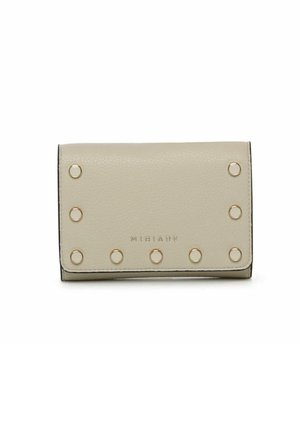 Portafoglio in pelle beige con accentuazioni circolari in metallo dorato e marchio in rilievo. Forma rettangolare compatta con finitura testurizzata.