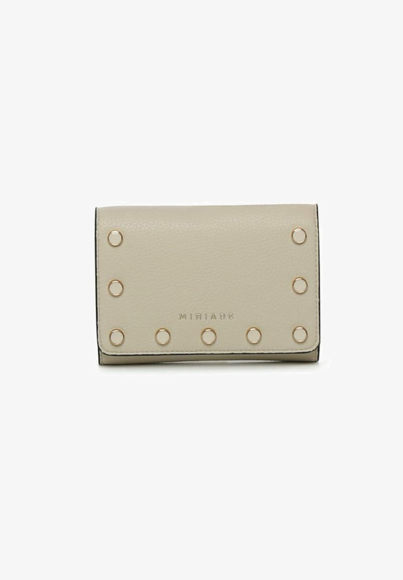 Portafoglio in pelle beige con accentuazioni circolari in metallo dorato e marchio in rilievo. Forma rettangolare compatta con finitura testurizzata.