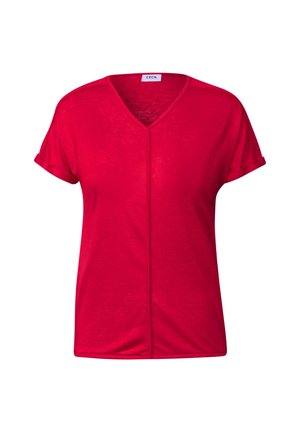 Rød kortærmet V-hals T-shirt lavet af letvægtsstof. Har omviklede ærmer og et enkelt, udekoreret design med lige søm.