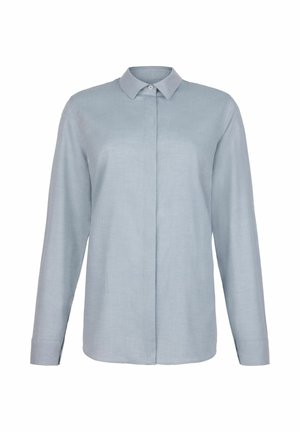 Ljusblå långärmad skjorta i mjuk tyg, med klassisk krage, knappstängning och rak fåll. Minimalistisk design utan mönster.