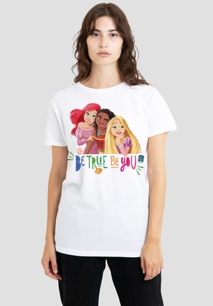White cotton t-shirt featuring colorful cartoon characters and the text "Be True Be You" in bold, playful letters. Standard fit, short sleeves.