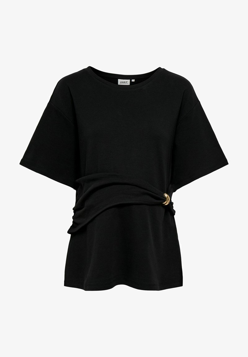 T-shirt de maternité noir à manches courtes avec col rond et taille froncée maintenue par un détail anneau doré côté droit.