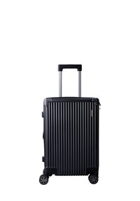Maleta rígida negra con textura estriada vertical, asas retráctiles y cuatro ruedas multidireccionales. Material duradero y diseño elegante.