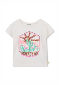 Biała koszula z krótkim rękawem, przedstawiająca różowo-zielony pejzaż pustynny z kaktusami, słońcem ozdobionym złotymi cekinami oraz napisem "DESERT VIBE" wykonanego z cekinów.