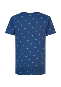 Tricou albastru cu mânecă scurtă, din bumbac, având un model repetitiv de soare verde pe spate. Design cu gât rotund.