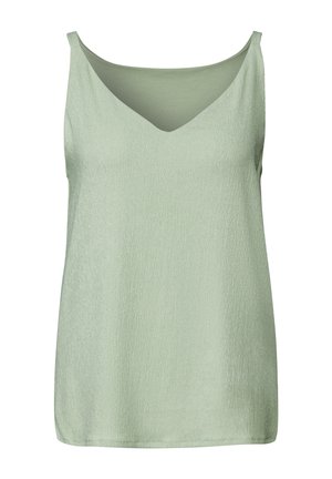 Jasnozielona bezrękawnik z dekoltem w kształcie litery V, wykonany z fakturowanej tkaniny. Charakteryzuje się luźnym fasonem i prostym wykończeniem dołu.
