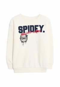 Krémová mikina s kulatým výstřihem s nápisem "SPIDEY." a "Spider-Man" v námořnické modré a červené barvě, s černým designem pavouka pod ním. Měkká tkanina, žebrované manžety.
