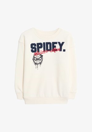 Sudadera de cuello redondo en crema que presenta "SPIDEY." y "Spider-Man" en texto azul marino y rojo, con un diseño de araña negra debajo. Tela suave, puños acanalados.