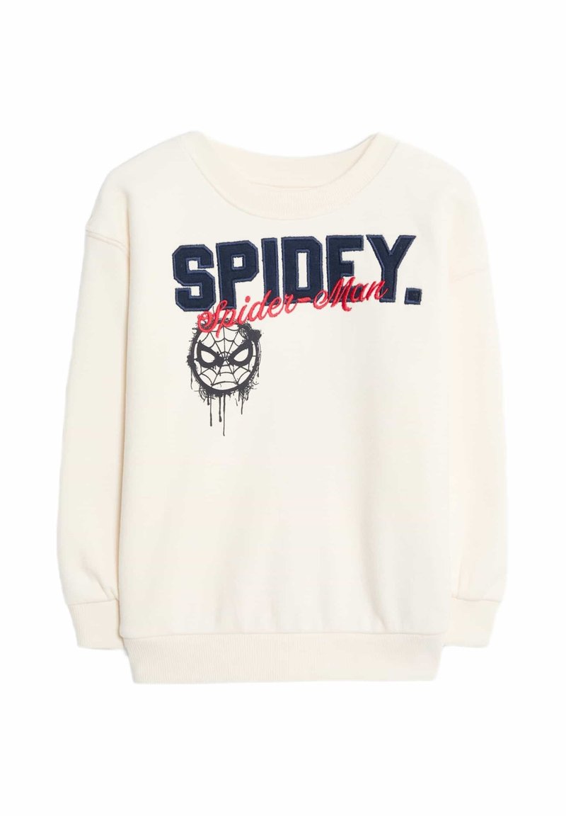 Krémová mikina s kulatým výstřihem s nápisem "SPIDEY." a "Spider-Man" v námořnické modré a červené barvě, s černým designem pavouka pod ním. Měkká tkanina, žebrované manžety.