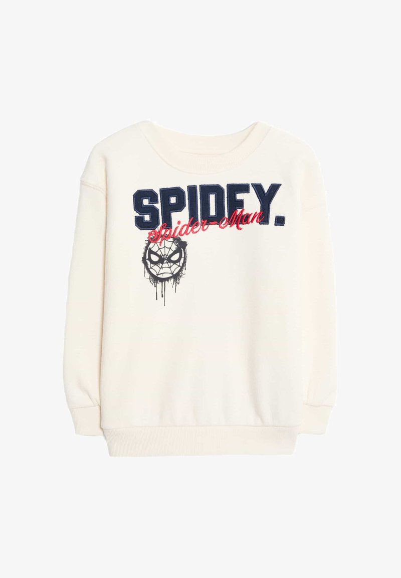 Sweter crewneck w kolorze kremowym z napisem "SPIDEY." oraz "Spider-Man" w granatowym i czerwonym kolorze, z czarnym wzorem pająka poniżej. Miękki materiał, ściągacze przy rękawach.