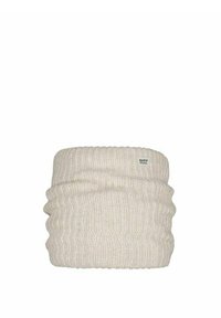 Scaldacollo a maglia in bianco sporco con texture a costine, dotato di una piccola etichetta del marchio. Tessuto morbido e elastico adatto per il clima fresco.
