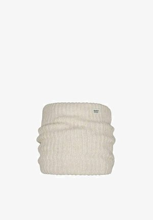 Cuello de lana tejido en color blanco roto con textura de canalé, que presenta una pequeña etiqueta de la marca. Tela suave y elástica adecuada para el clima fresco.