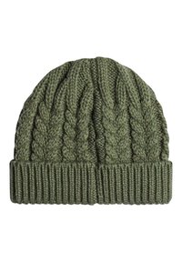 Green knit beanie featuring a ribbed cuff and cable pattern, made from textured yarn for warmth and comfort.