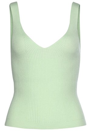 Jasnozielony prążkowany dzianinowy top bez rękawów z dekoltem w serek i szerokimi ramiennymi, dopasowany w talii.