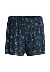 Marineblau zwemshorts met elastische waistband, met een herhaald patroon van ski-gerelateerde afbeeldingen en namen van Zwitserse resorts in lichte kleuren.