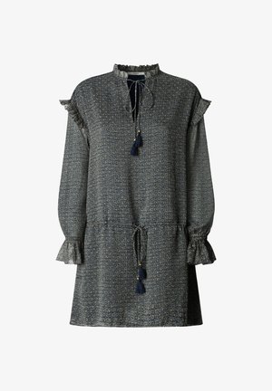 Pika varrukaga meresinine mustriline kleit volangikaeluse ja mansettidega, kaelal ja vööl paelad ning õlgadel volangid.