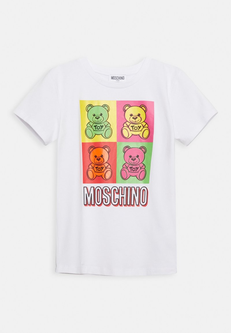 White short-sleeve T-shirt with four colorful teddy bears labeled "Toy" in green, yellow, orange, and pink blocks above the word "MOSCHINO".