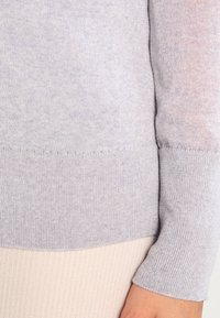 Ljusgrå tröja, mjukt stickad struktur, ribbade ärmslut, åtsittande design, med en sömlös midja som framhäver en mjuk, minimalistisk stil.