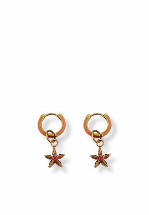 Gold hoop earrings with dangling starfish charms, each featuring a small pink gem at the center.