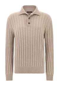 Beżowy prążkowany sweter dziany z kołnierzykiem i trzema guziczkami. Dopasowane rękawy i dół z fakturowanym wykończeniem.
