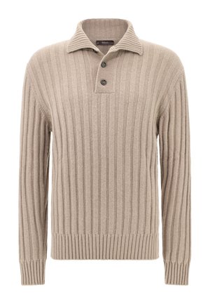 Beżowy prążkowany sweter dziany z kołnierzykiem i trzema guziczkami. Dopasowane rękawy i dół z fakturowanym wykończeniem.