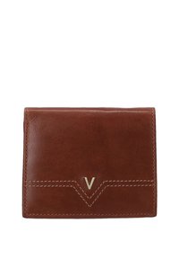 Braune Leder-Geldbörse mit einem genähten Design, das auf der Vorderseite einen goldenen "V"-Akzent zeigt. Kompakte rechteckige Form mit einer glatten Textur.