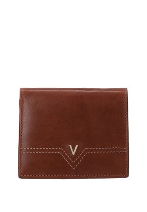 Braune Leder-Geldbörse mit einem genähten Design, das auf der Vorderseite einen goldenen "V"-Akzent zeigt. Kompakte rechteckige Form mit einer glatten Textur.