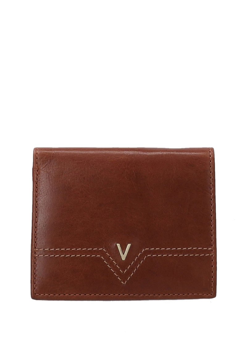 Braune Leder-Geldbörse mit einem genähten Design, das auf der Vorderseite einen goldenen "V"-Akzent zeigt. Kompakte rechteckige Form mit einer glatten Textur.