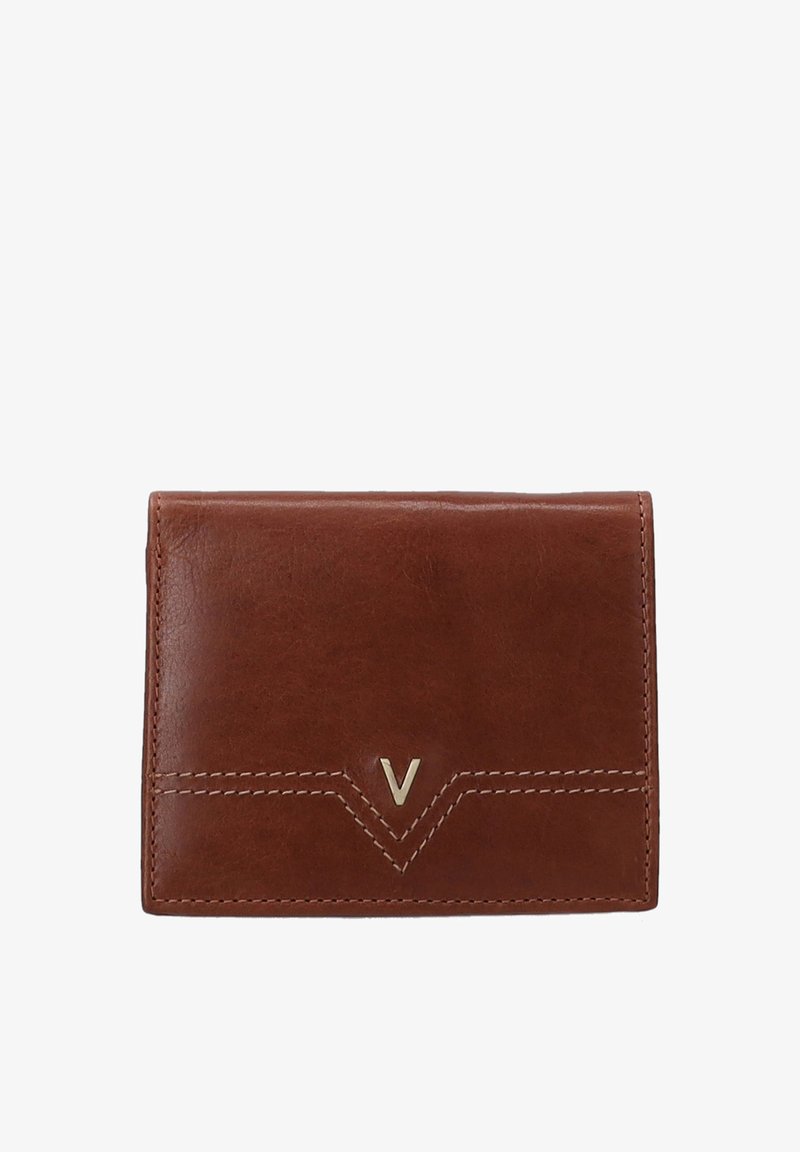 Brown leather wallet with a stitched design, featuring a gold "V" accent on the front. Compact rectangular shape with a smooth texture.