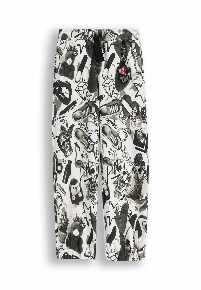 Czarno-białe spodnie w wzory z różnymi grafikami, takimi jak zwierzęta, diamenty i tatuaże. Zaprojektowane z elastycznym pasem i sznurkiem do wiązania.