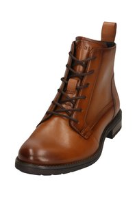 Braune Leder-Stiefelette mit Schnürdesign, glatter Textur, quadratischer Zehenform und niedrigem Blockabsatz. Mit einer Zuglasche für einfaches An- und Ausziehen.