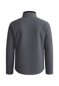 Grau Fleece-Jacke mit Stehkragen, langen Ärmeln und einer glatten Textur. Der Rücken ist schlicht gehalten, ohne zusätzliche Details oder Muster.