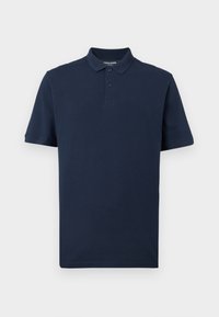 Polo bleu marine à manches courtes avec deux boutons et col, design uni, présenté sur un fond clair.