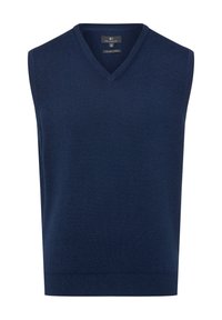 Marineblauer ärmelloser Pullover mit V-Ausschnitt, gefertigt aus Bio-Baumwolle. Verfügt über eine glatte Textur und gerippte Saumdetails.