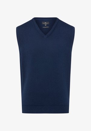 Maglione senza maniche blu navy con scollo a V, realizzato in cotone biologico. Caratterizzato da una texture liscia e dettagli a costine sull'orlo.