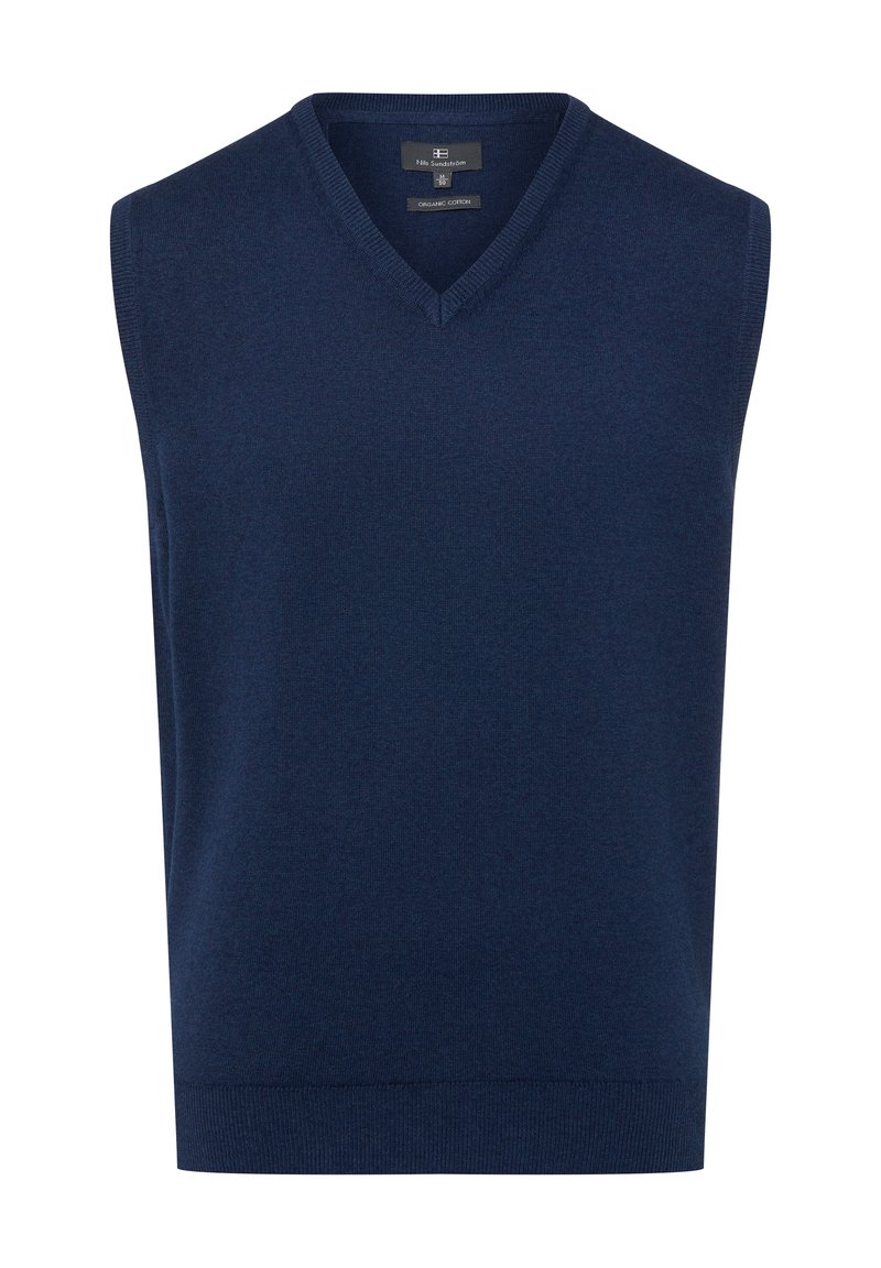 Marineblauer ärmelloser Pullover mit V-Ausschnitt, gefertigt aus Bio-Baumwolle. Verfügt über eine glatte Textur und gerippte Saumdetails.