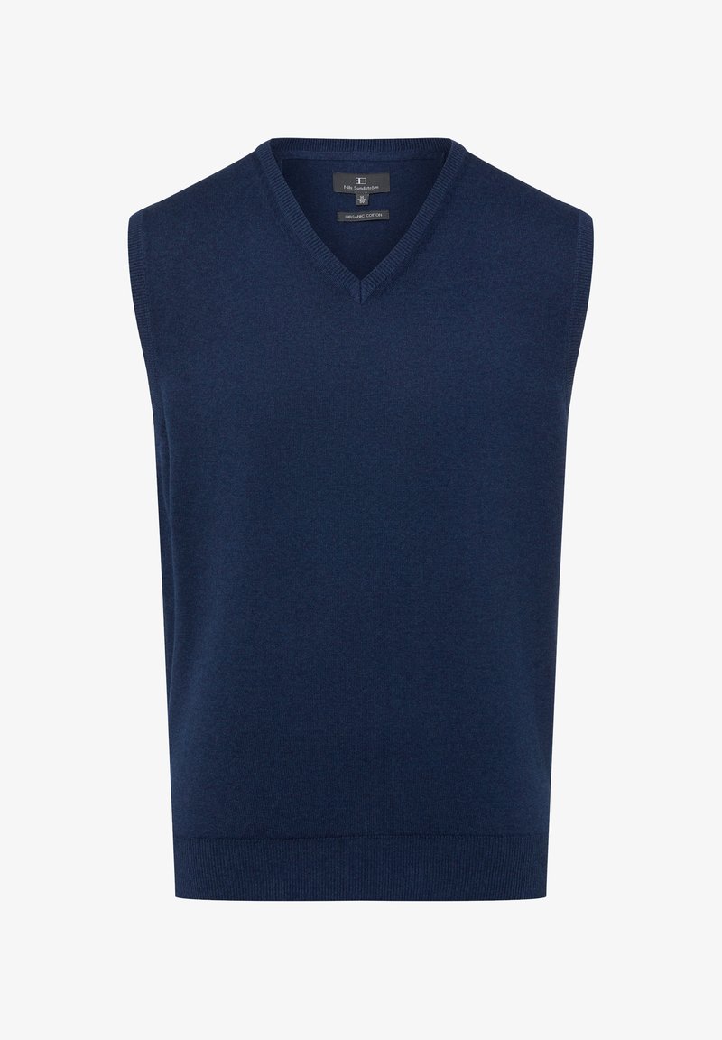 Marineblauer ärmelloser Pullover mit V-Ausschnitt, gefertigt aus Bio-Baumwolle. Verfügt über eine glatte Textur und gerippte Saumdetails.