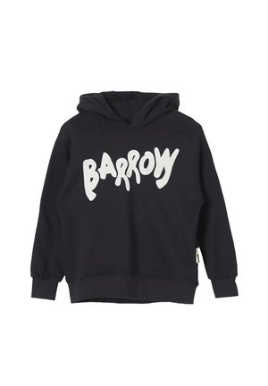 Hoodie noir avec une poche kangourou. Présente un texte graphique blanc "BARROW" à l'avant. Tissu doux avec des poignets et un ourlet côtelés.