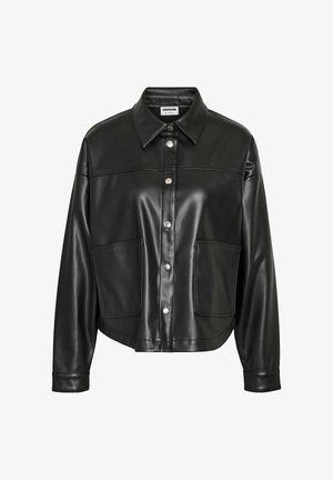 Black leather jacket featuring a collar, front button closure, two large pockets, and a slightly cropped design with visible stitching details.