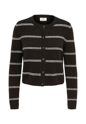 Cardigan noir boutonné avec des rayures horizontales blanches, manches longues et col rond.