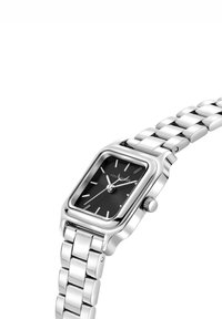 Montre en acier inoxydable argenté avec un cadran noir carré, des index horaires argentés et un bracelet à maillons poli. Dotée d'une couronne sur le côté.
