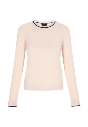 Light beige long-sleeve sweater with a round neckline, featuring navy blue accents on the collar and cuffs. Soft knit texture, fitted design.