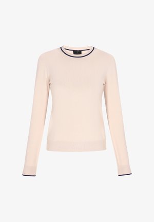 Svetlo bež dolg rokav pulover z okroglim izrezom, ki ima mornarsko modre poudarke na ovratniku in manšetah. Mehka pletenina, prilegajoča se zasnova.