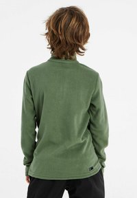 Pullover in pile verde con maniche lunghe e colletto, caratterizzato da una texture morbida e una piccola etichetta del marchio sul lato sinistro in basso.