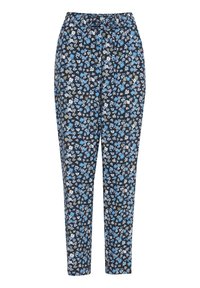 Pantaloni con stampa floreale su sfondo scuro, caratterizzati da piccoli fiori blu, bianchi e verdi. Tessuto morbido, vita elastica e gamba affusolata.